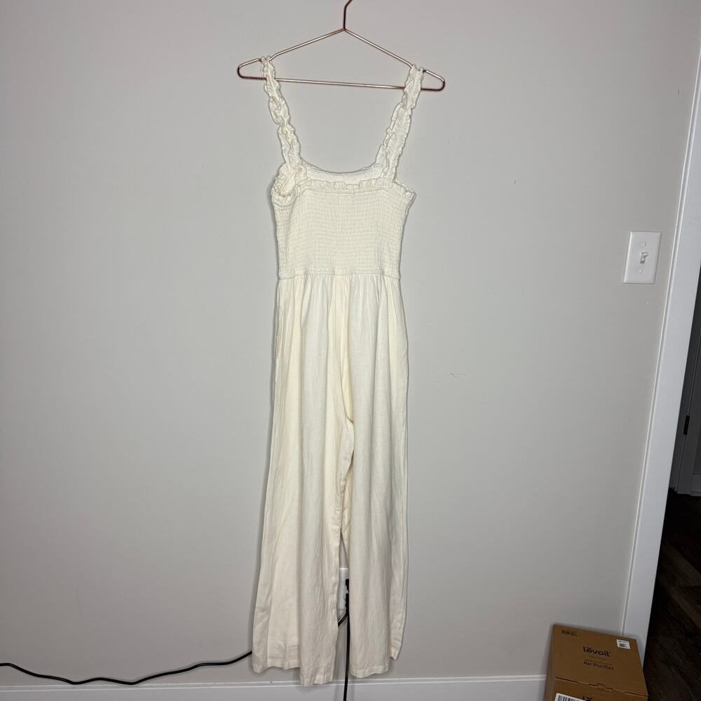 Jessica Simpson Linen Jumpsuit Small Ivory Cottage Wide Leg Smocked Boho Peasant - Picture 8 of 8